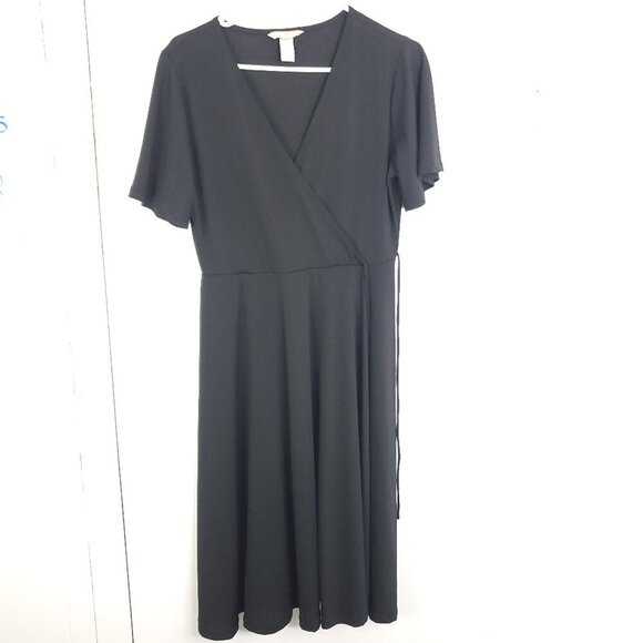 Hm Dress Womens M Fixed Wrap Short Flutter Loose Sleeve Stretchy A Line Midi - Picture 1 of 9